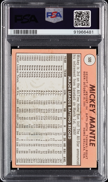 1969 Topps Mickey Mantle Last Name in White No. 500 PSA 4