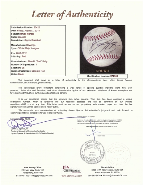 Bryce Harper Single-Signed Game-Used OML Baseball - May 1, 2012 (MLB) (JSA)