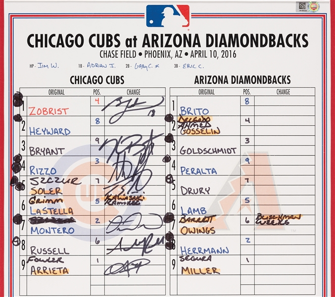 2016 Chicago Cubs World Champs Team-Signed Lineup Card from April 10, 2016 (MLB)