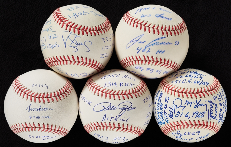 Single-Signed STAT Baseballs Group with Rose, Sutter, Canseco, McLain & Strawberry (5)