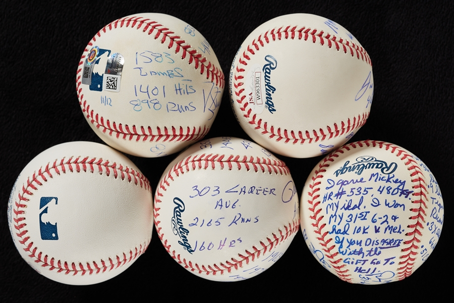 Single-Signed STAT Baseballs Group with Rose, Sutter, Canseco, McLain & Strawberry (5)