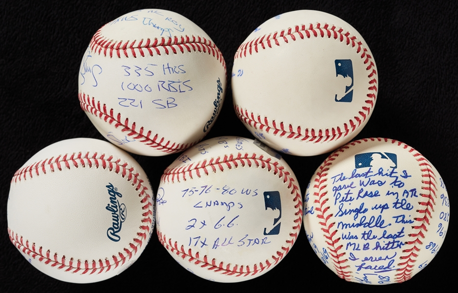 Single-Signed STAT Baseballs Group with Rose, Sutter, Canseco, McLain & Strawberry (5)