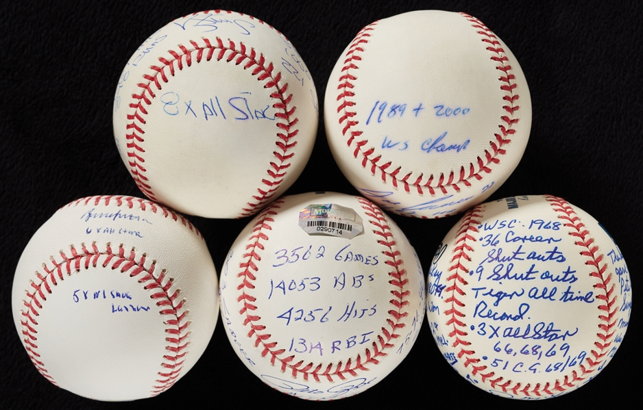 Single-Signed STAT Baseballs Group with Rose, Sutter, Canseco, McLain & Strawberry (5)