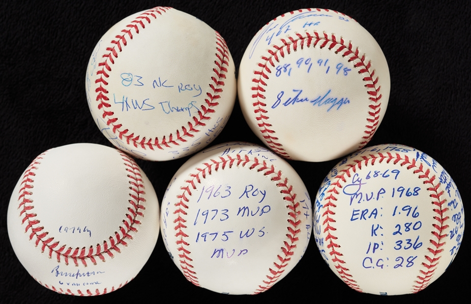 Single-Signed STAT Baseballs Group with Rose, Sutter, Canseco, McLain & Strawberry (5)