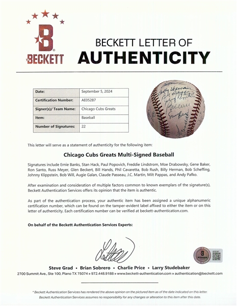 Chicago Cubs Greats Multi-Signed ONL Baseball with Lindstrom, Banks, Herman (BAS)