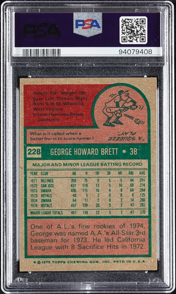 1975 Topps Baseball High-Grade Set With Extras, Brett RC PSA 3 (1,000)