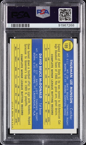 1970 Topps Thurman Munson RC No. 189 PSA 7