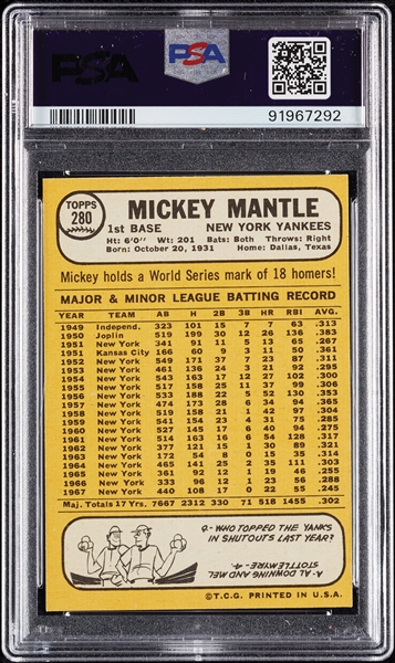 1968 Topps Mickey Mantle No. 280 PSA 8