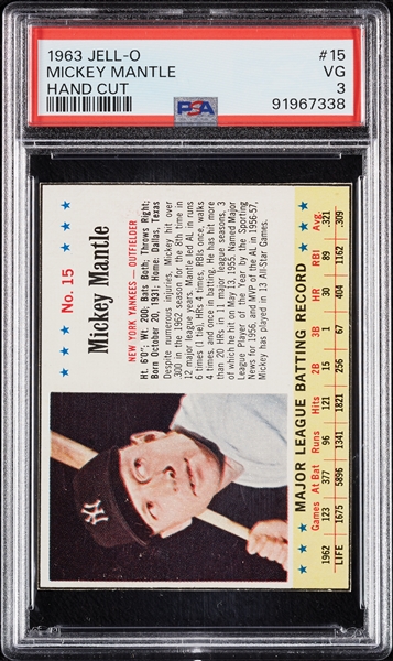 1963 Jell-O Mickey Mantle Hand-Cut No. 15 PSA 3