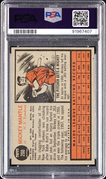 1962 Topps Mickey Mantle No. 200 PSA 6