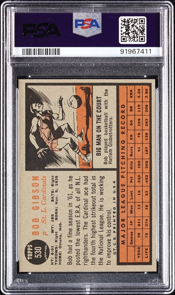 1962 Topps Bob Gibson No. 530 PSA 6