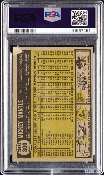 1961 Topps Mickey Mantle No. 300 PSA 2