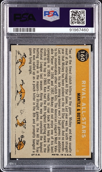 1960 Topps Rival All-Stars Mickey Mantle & Ken Boyer No. 160 PSA 8