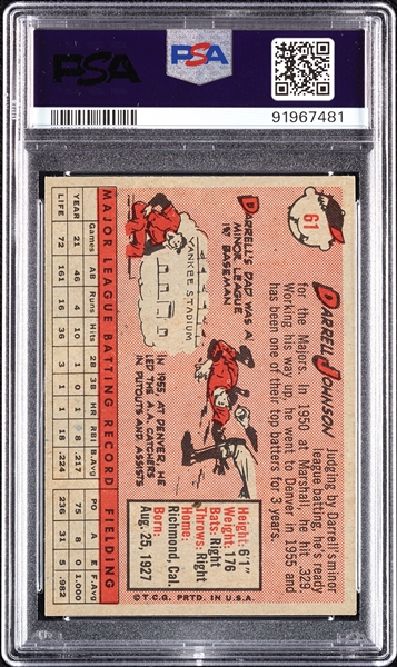 1958 Topps Darrell Johnson Yellow Name No. 61 PSA 9