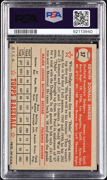 1952 Topps Duke Snider No. 37 PSA 6