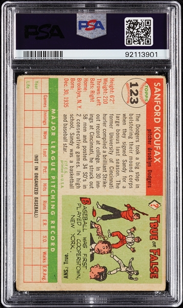 1955 Topps Sandy Koufax RC No. 123 PSA 1