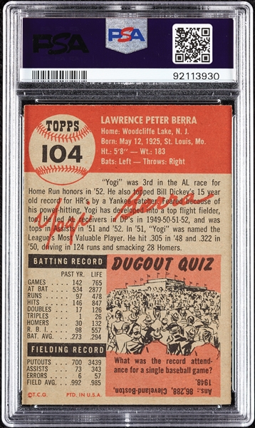 1953 Topps Yogi Berra No. 104 PSA 5