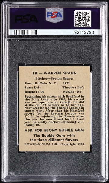 1948 Bowman Warren Spahn RC No. 18 PSA 5