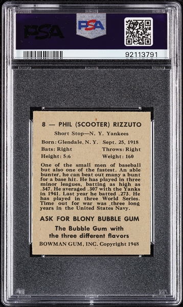 1948 Bowman Phil Rizzuto RC No. 8 PSA 6