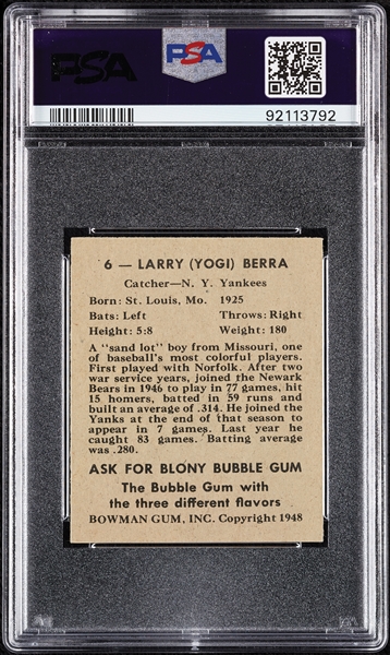 1948 Bowman Yogi Berra RC No. 6 PSA 6