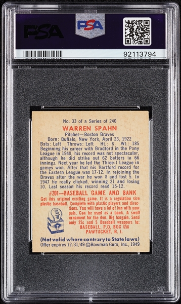 1949 Bowman Warren Spahn No. 33 PSA 4