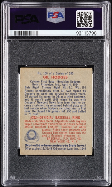 1949 Bowman Gil Hodges RC No. 100 PSA 5