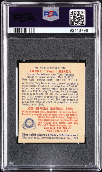 1949 Bowman Yogi Berra No. 60 PSA 5