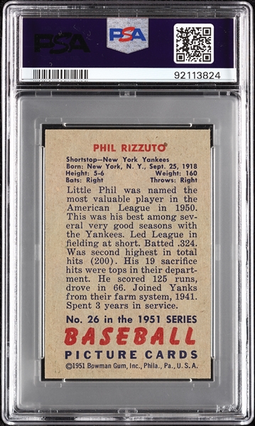 1951 Bowman Phil RIzzuto No. 26 PSA 6