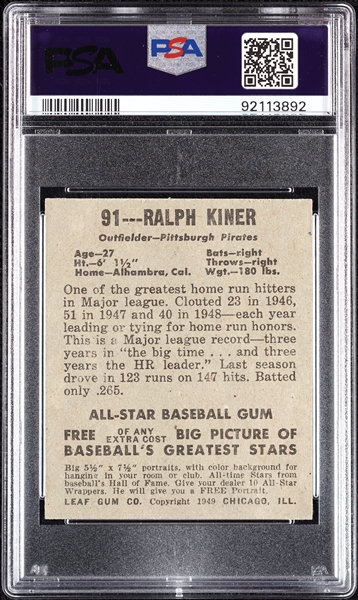 1948 Leaf Ralph Kiner RC No. 91 PSA 6