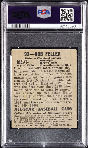 1948 Leaf Bob Feller No. 93 PSA 2