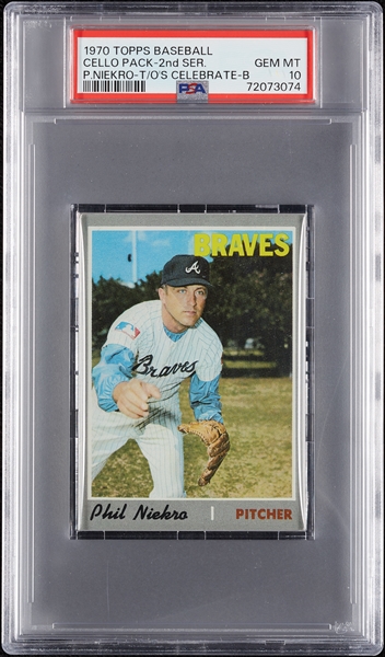 1970 Topps Baseball 2nd Series Cello Pack - Phil Niekro Top; Orioles Celebrate Back (Graded PSA 10)