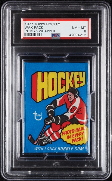 1977 Topps Hockey Wax Pack in 1976 Wrapper (Graded PSA 8)