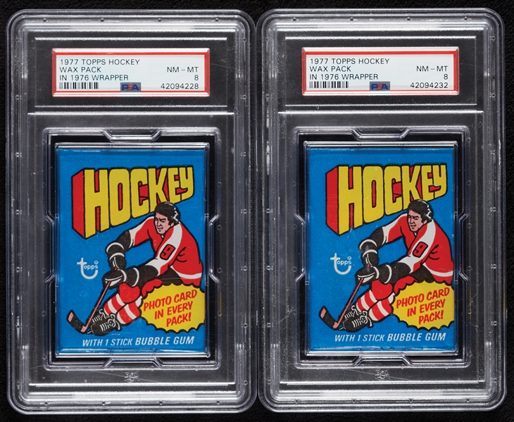 1977 Topps Hockey Wax Pack in 1976 Wrapper Pair (Graded PSA 8) (2)