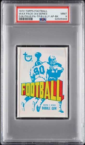 1972 Topps Football 3rd Series Wax Pack - Dick Butkus PA Top; Bob Lilly AP Back (Graded PSA 9)