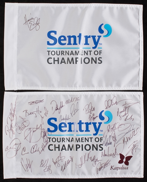 Signed 2019 Sentry Tournament of Champions Flag Pair with Koepka, Rahm, McIlroy, Schauffele, DeChambeau (2) (BAS)