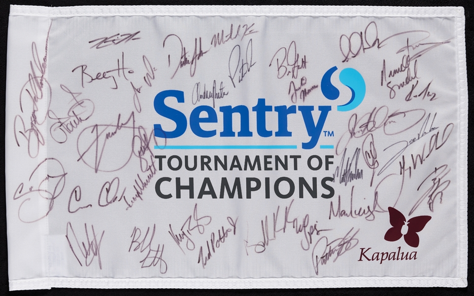 Signed 2019 Sentry Tournament of Champions Flag Pair with Koepka, Rahm, McIlroy, Schauffele, DeChambeau (2) (BAS)