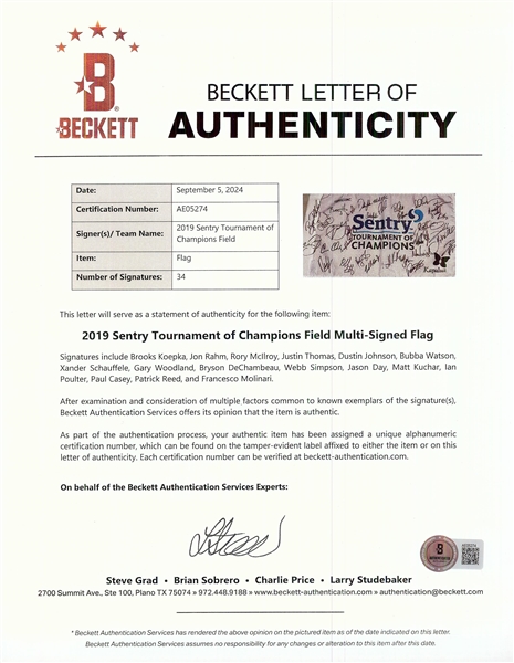 Signed 2019 Sentry Tournament of Champions Flag Pair with Koepka, Rahm, McIlroy, Schauffele, DeChambeau (2) (BAS)