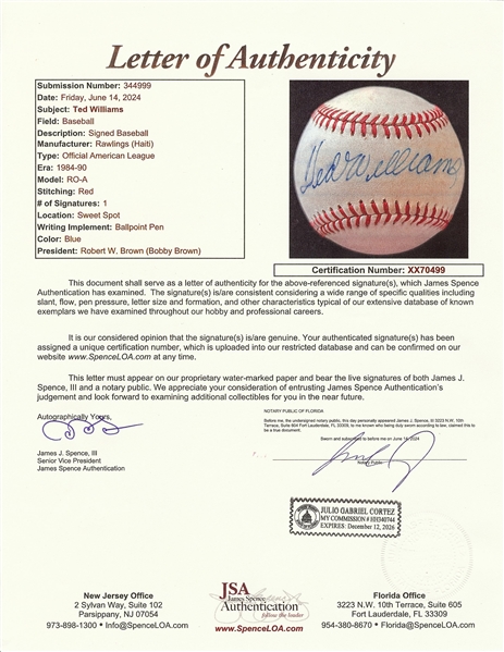 Ted Williams Single-Signed OAL Baseball (JSA)