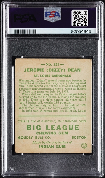 1933 Goudey Dizzy Dean No. 223 PSA 2