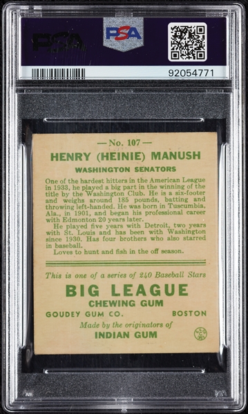 1933 Goudey Heinie Manush No. 107 PSA 1.5