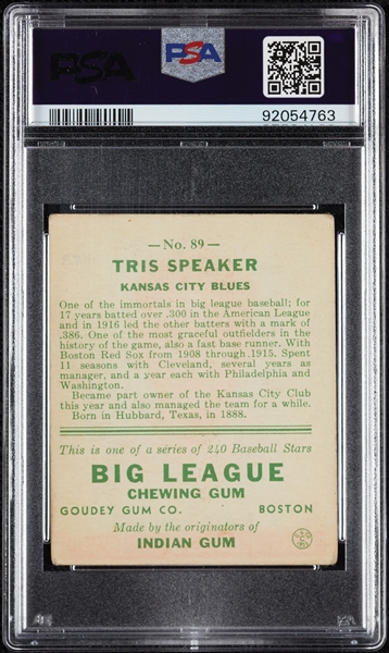 1933 Goudey Tris Speaker No. 89 PSA 1.5