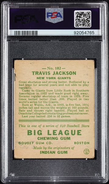 1933 Goudey Travis Jackson No. 102 PSA 2