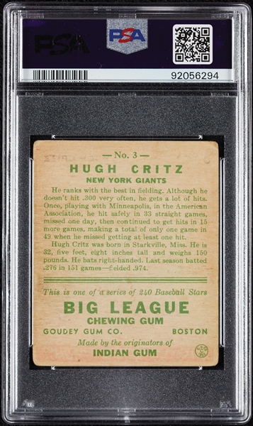 1933 Goudey Hugh Critz No. 3 PSA 2