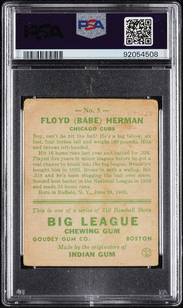 1933 Goudey Babe Herman No. 5 PSA 1.5