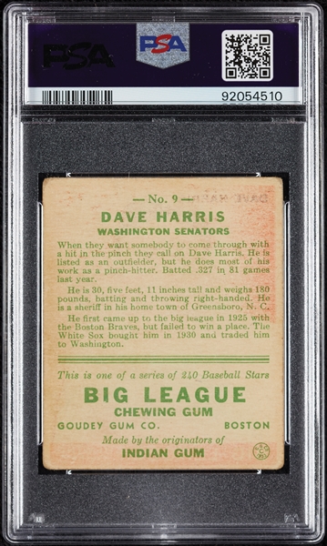 1933 Goudey Dave Harris No. 9 PSA 2