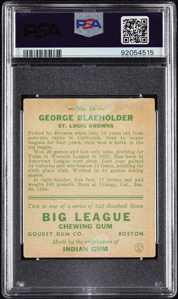 1933 Goudey George Blaeholder No. 16 PSA 2