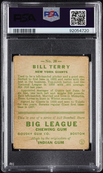 1933 Goudey Bill Terry No. 20 PSA 2