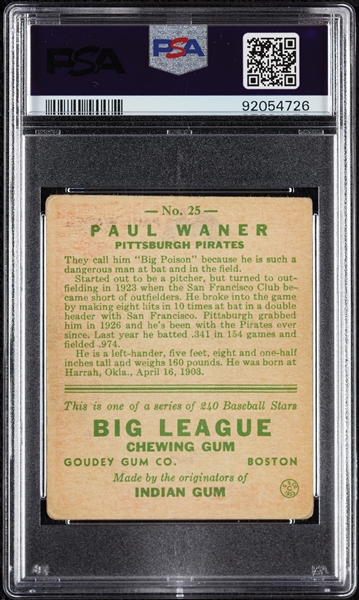 1933 Goudey Paul Waner No. 25 PSA 1.5