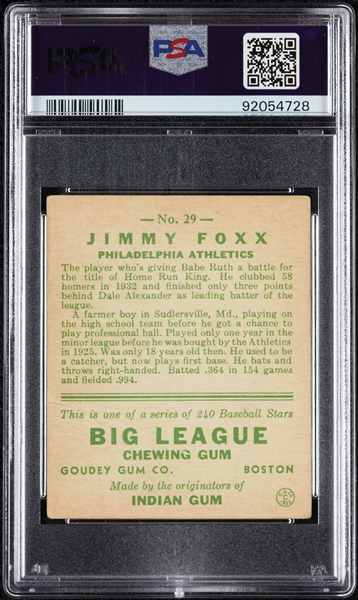 1933 Goudey Jimmie Foxx No. 29 PSA 1.5