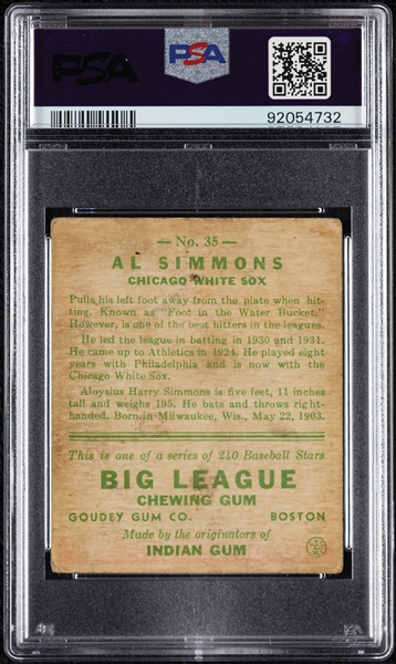 1933 Goudey Al Simmons No. 35 PSA 2